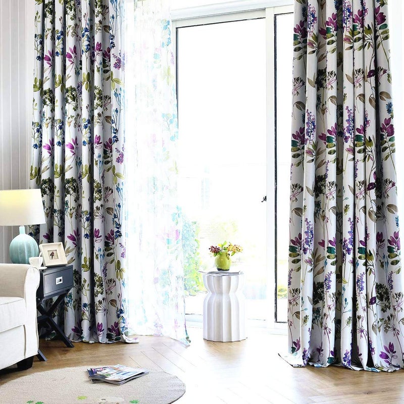 MYRU 1 Pair Purple Blue Flower Curtains for Living Room,Blackout Window Drapes for Bedroom (2 x 54x84 Inch) - Image 2